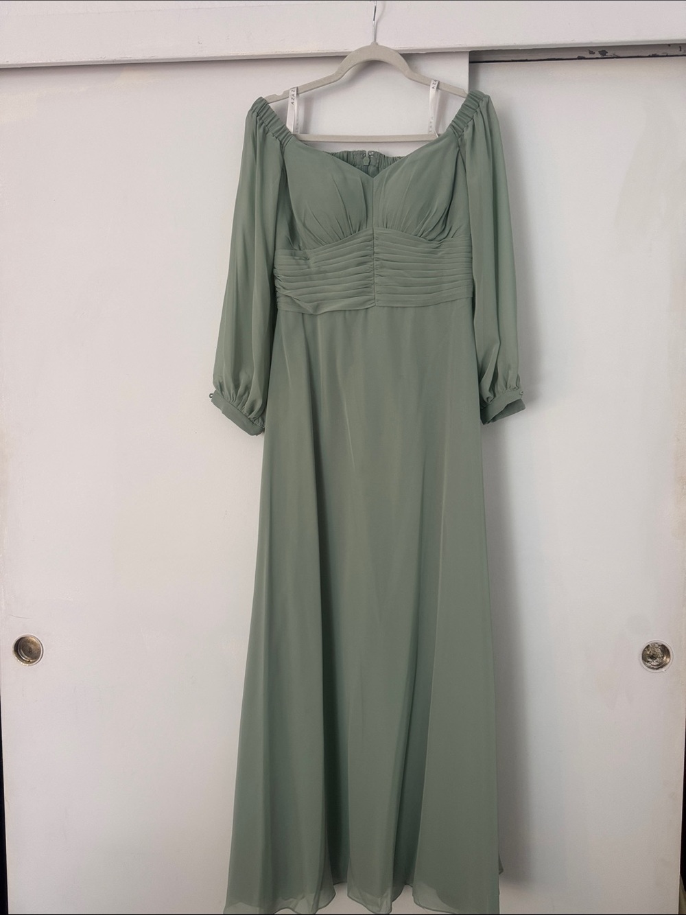 Azazie Sage Green Off-the-Shoulder Maxi Dress
